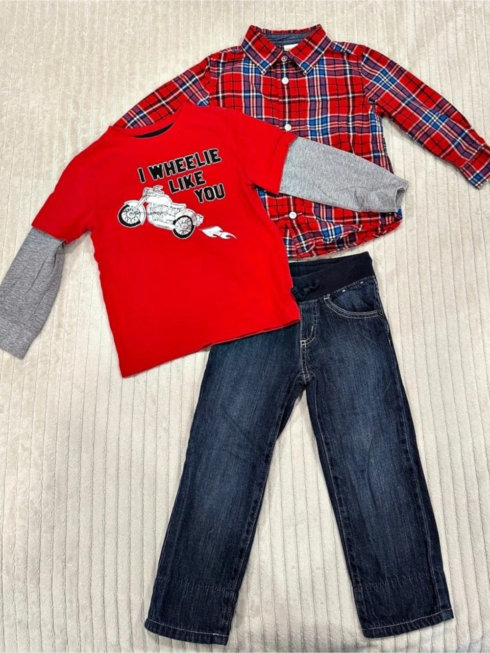 Gymboree Kids Plaid Shirt, Red Undershirt and matching Jeans Set size 2T